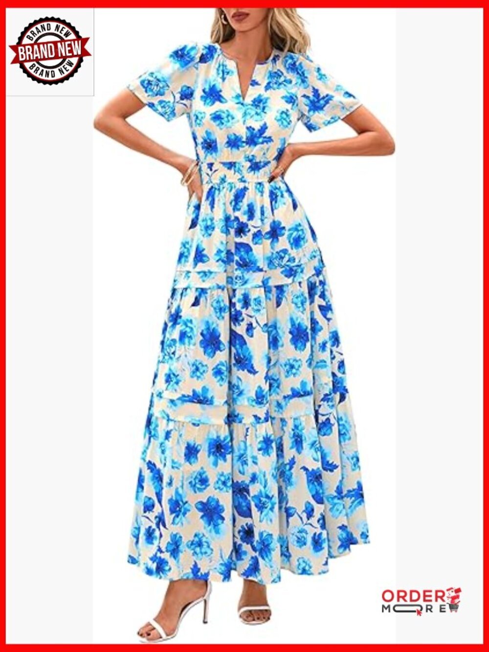 Women's Boho Maxi Dress V Neck Tiered Flowy with Pockets Beach Vacation